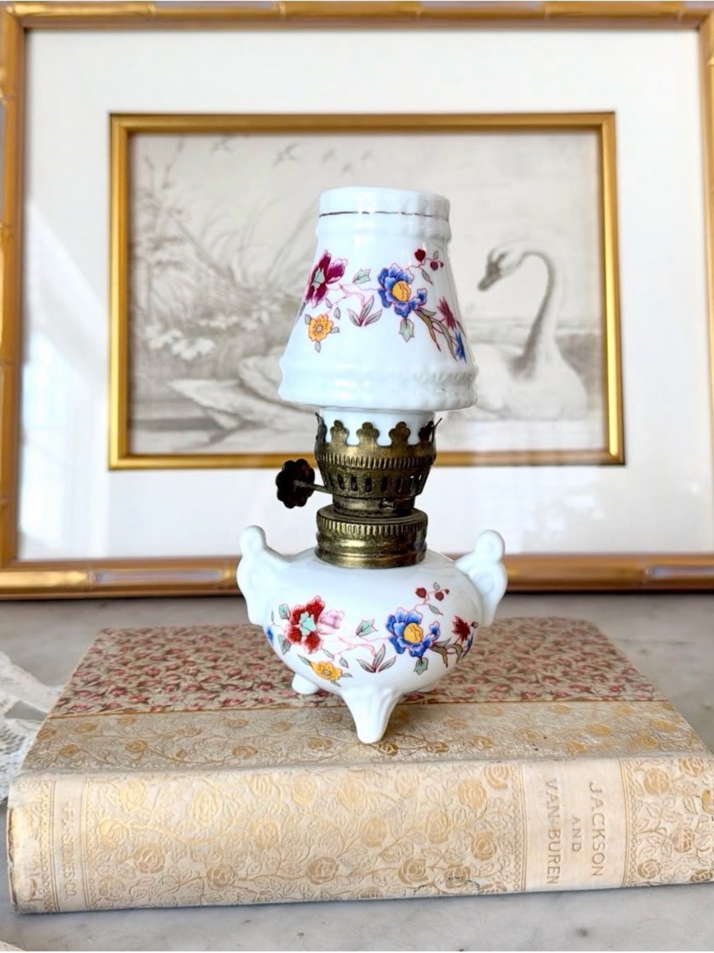 Vintage Floral White Ceramic Mini Oil Lamp 6”H